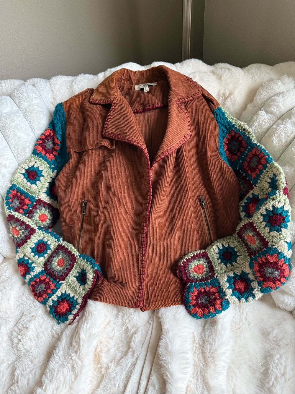 Anthropologie Ollari Corduroy Jacket with Multicolor Crochet Square Sleeves